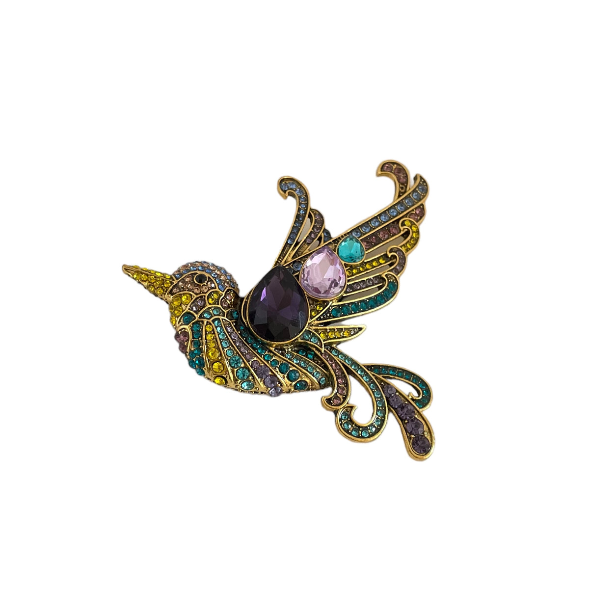 Broche Vintage Colibri Avec Améthyste - Argenté - Occasion En Bon état